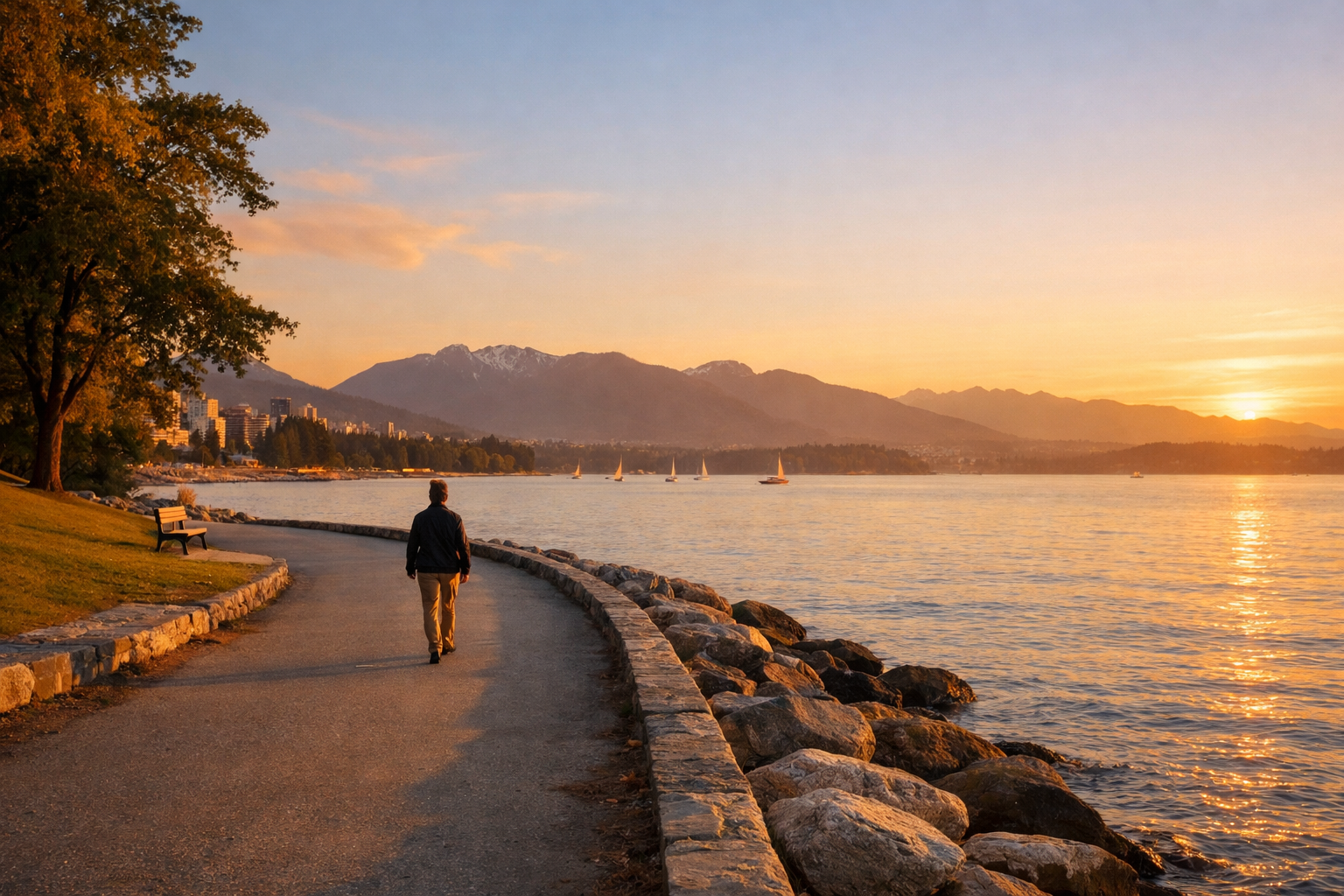 Kitsilano seawall at golden hour