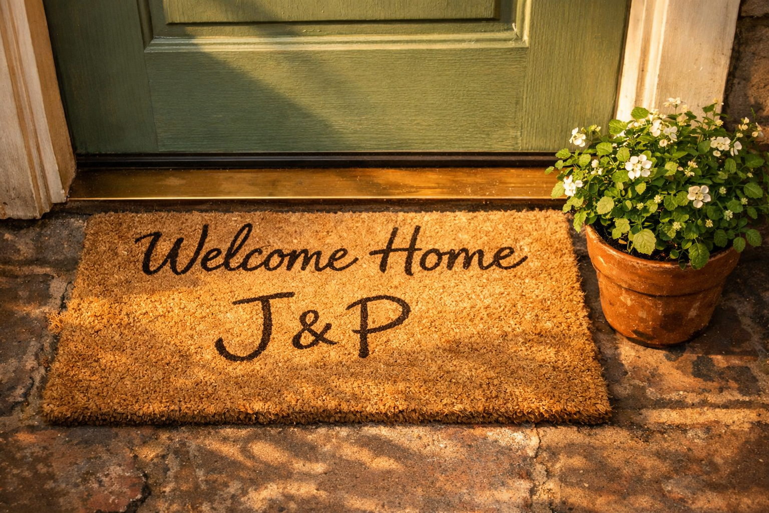 Front door with welcome mat