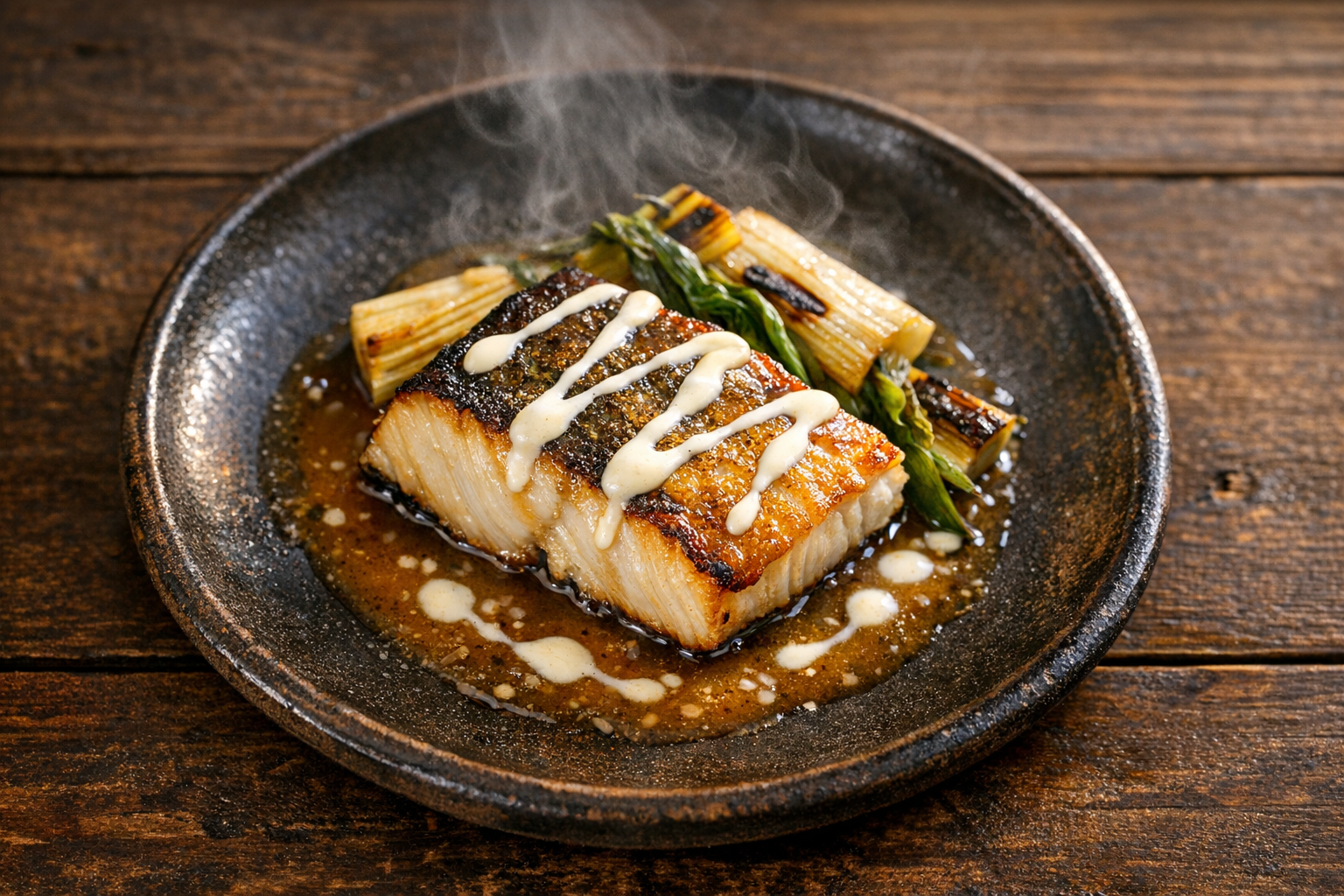 Pan-seared sablefish with miso brown butter on dark ceramic plate