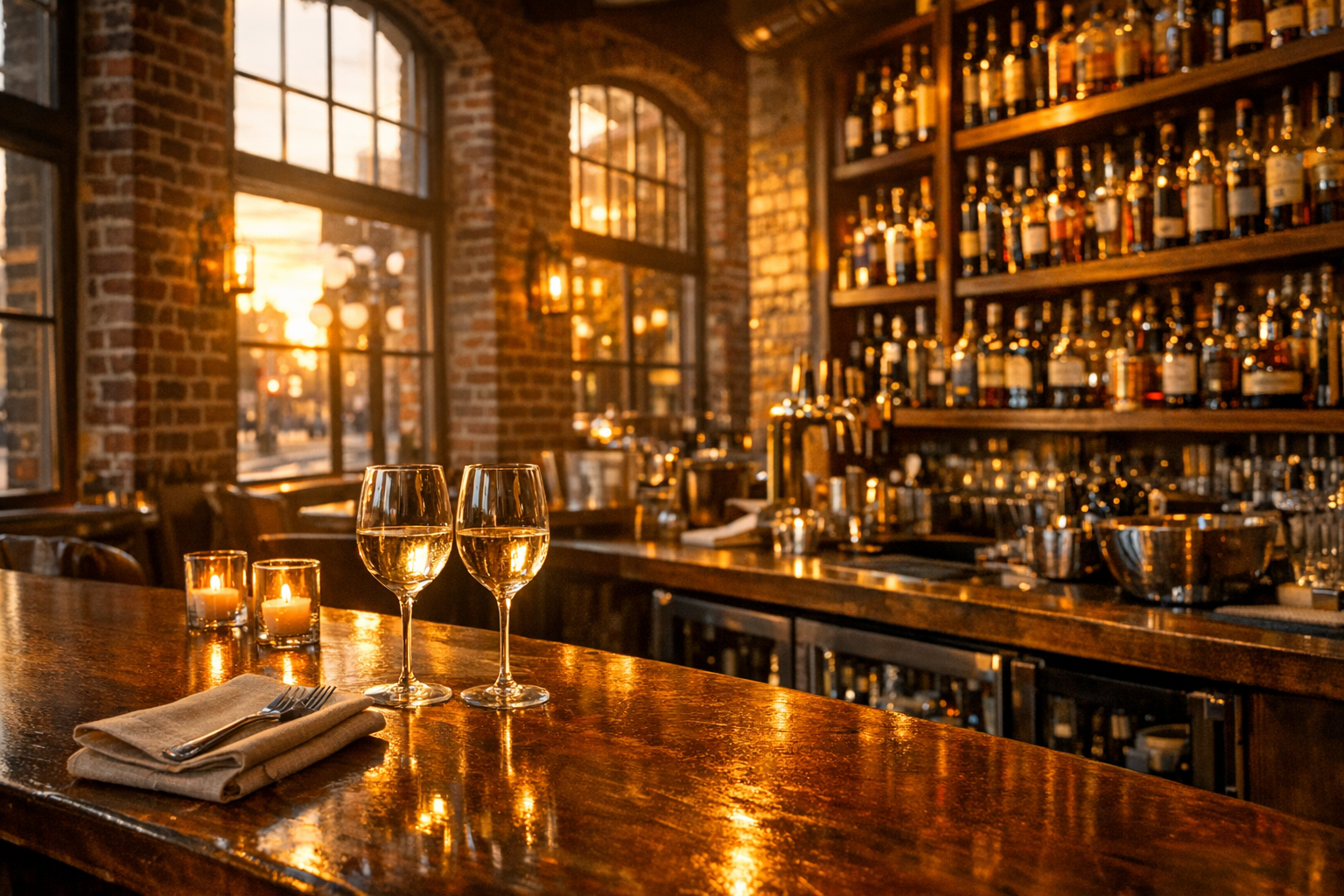 Bar area with wine glasses in golden hour light