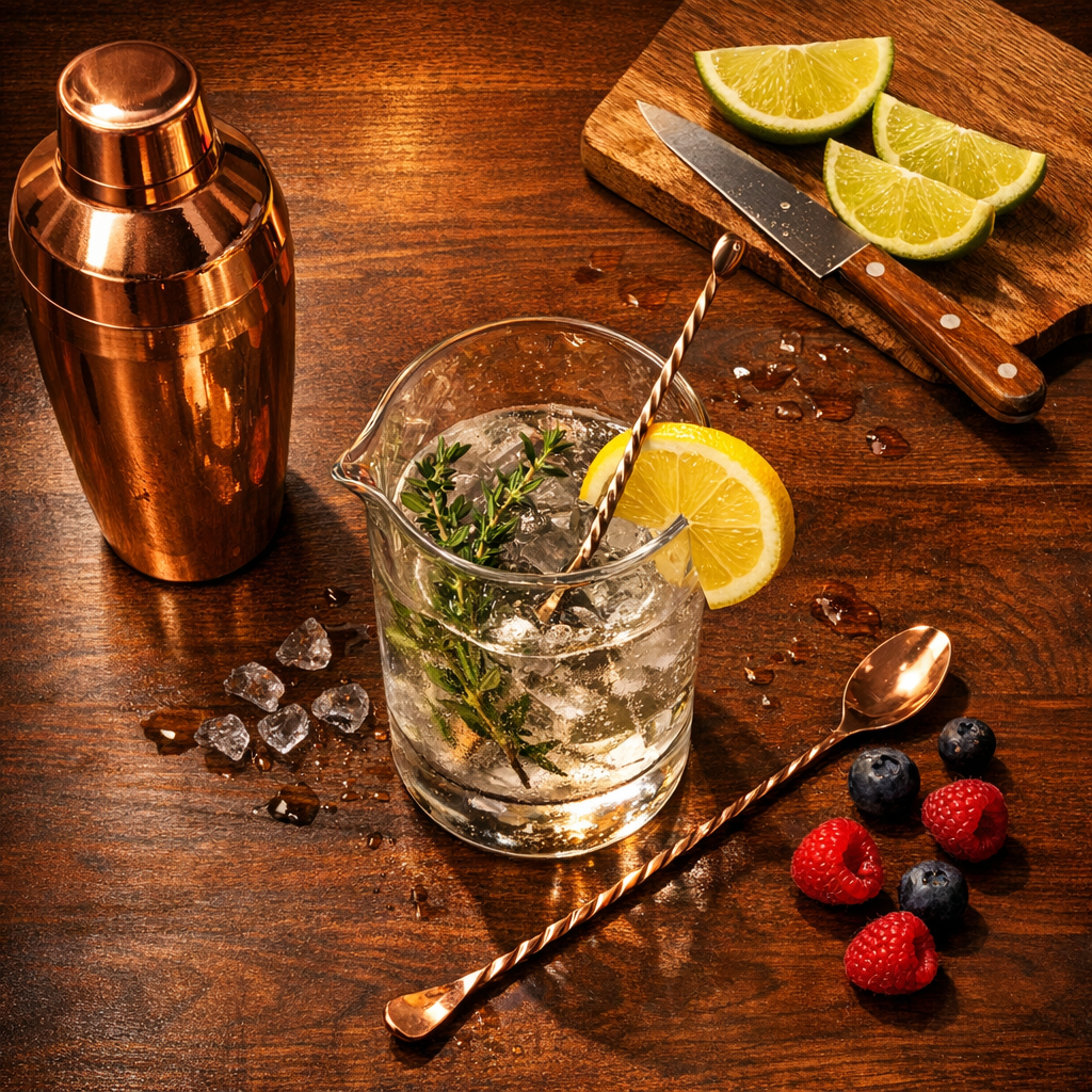 Flat lay cocktail prep with copper shaker and citrus